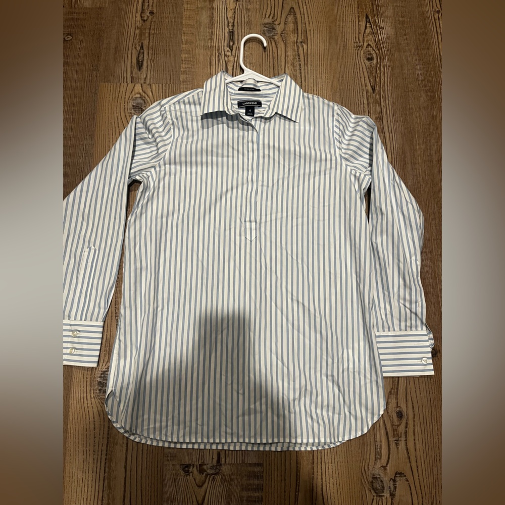 Lands' End Women's White and Blue Striped Half Button Down Shirt